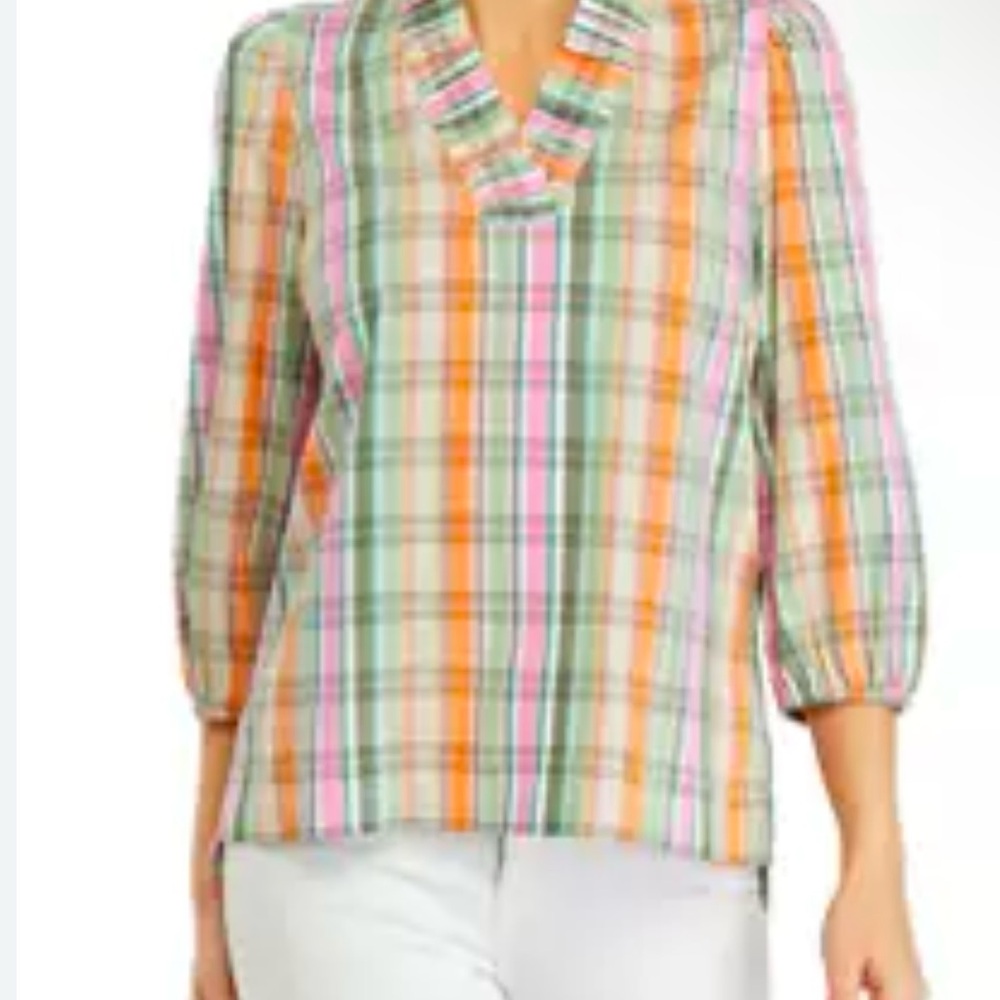 Crown & Ivy Plaid Pattern Ruffle Top